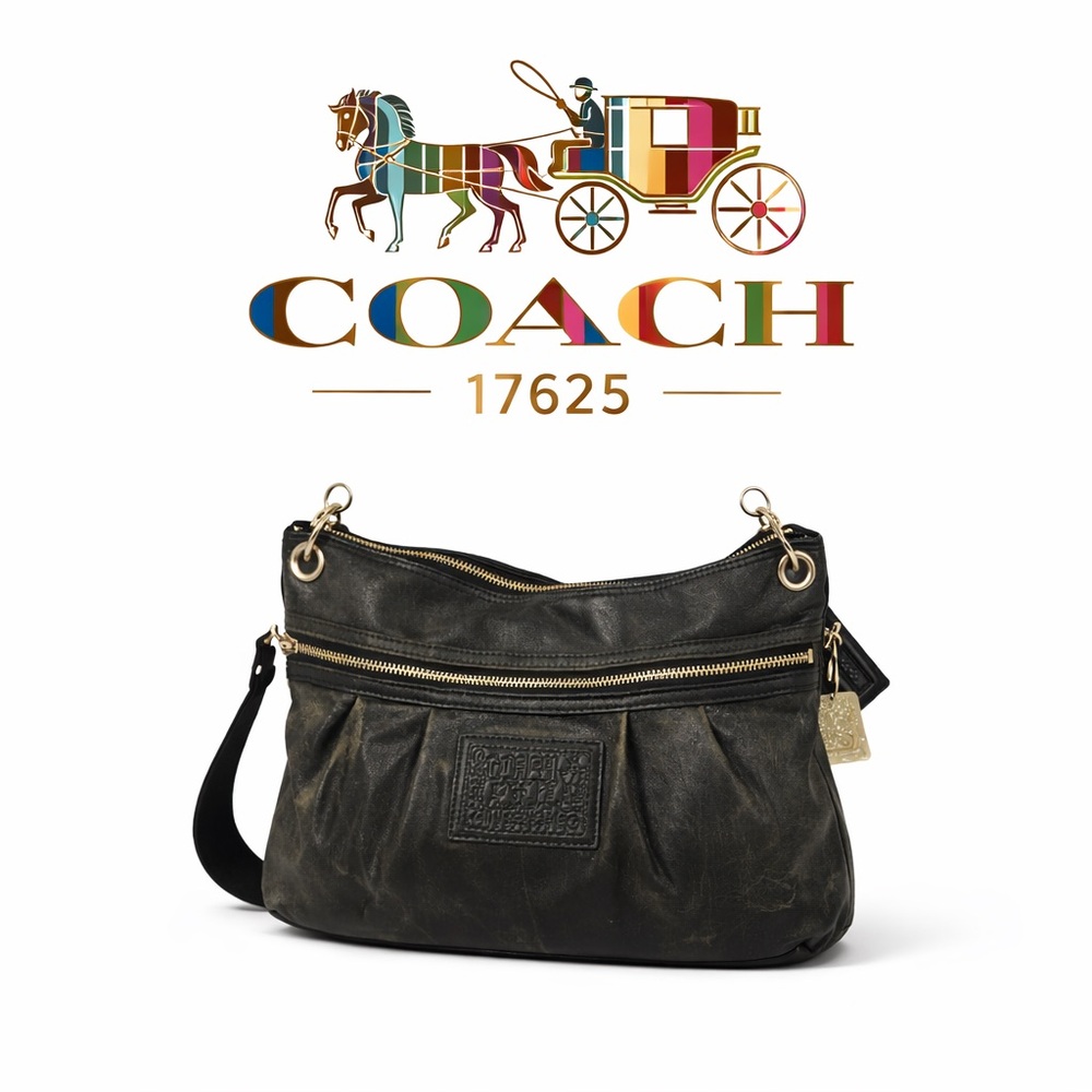 Coach Poppy Black Leather‎ liquid gloss Bag Legacy Lining Rare Stripe Interior